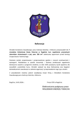 Referencje OSP Rogóźno kurs napełniania butli opinie ośrodek kształcenia andrzej kalemba wieluń kurs napełniania butli ciśnieniowych