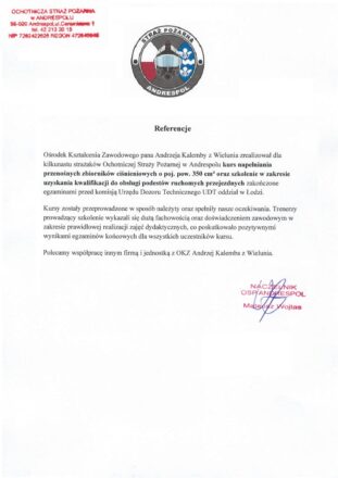 Referencje szkolenia straży pożarnej napełnianie butli OSP PSP Referencje szkolenia straży pożarnej napełnianie butli OSP PSP
