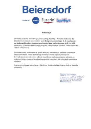 Referencje potwierdzenie szkolenia na nalewaki cystern Beiersdorf poznań Referencje potwierdzenie szkolenia na nalewaki cystern Beiersdorf poznań